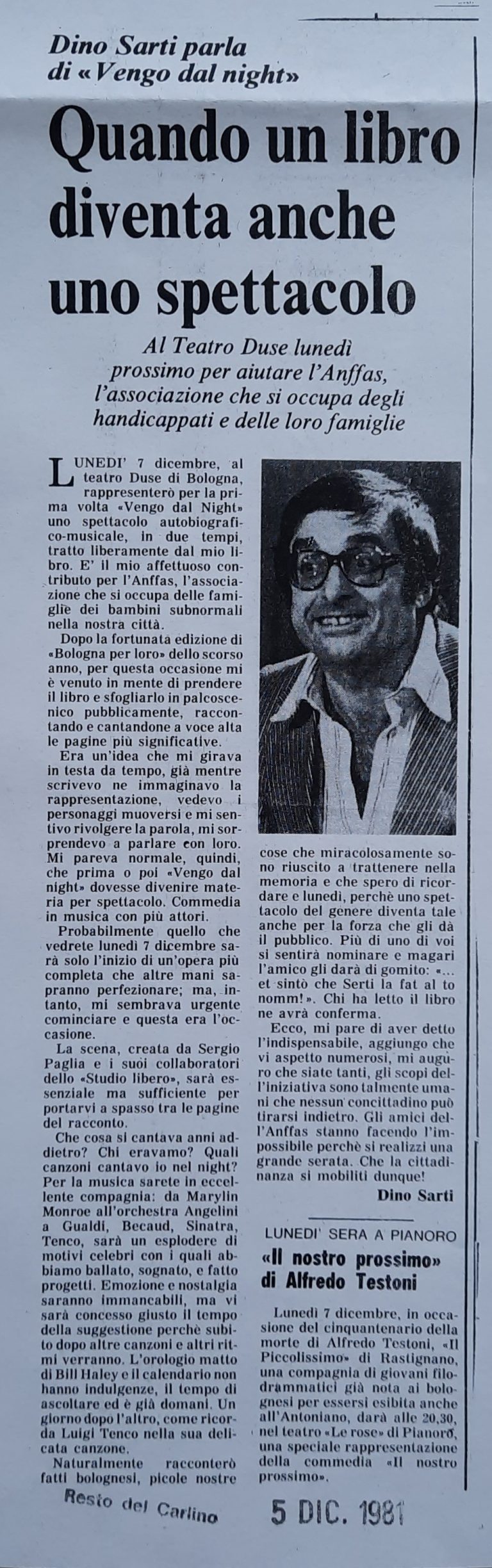 rubriche,il Resto del Carlino,Bologna,Centro Sociale Culturale Foscherara,Rassegna stampa,Dino Sarti